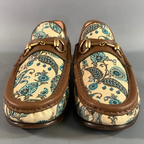GUCCI Size 6.5 Cream Brown & Teal Paisley Mixed Fabrics Horsebit Loafers