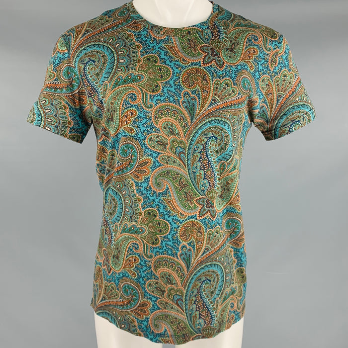 ETRO Size S Blue Orange Paisley Cotton Crew Neck T-shirt