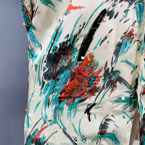DRIES VAN NOTEN Size XS Cream Green Red Sequined Floral Viscose Camp Short Sleeve Shirt