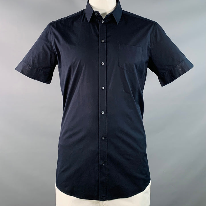 DOLCE & GABBANA Size L Navy Cotton Blend One Pocket Short Sleeve Shirt