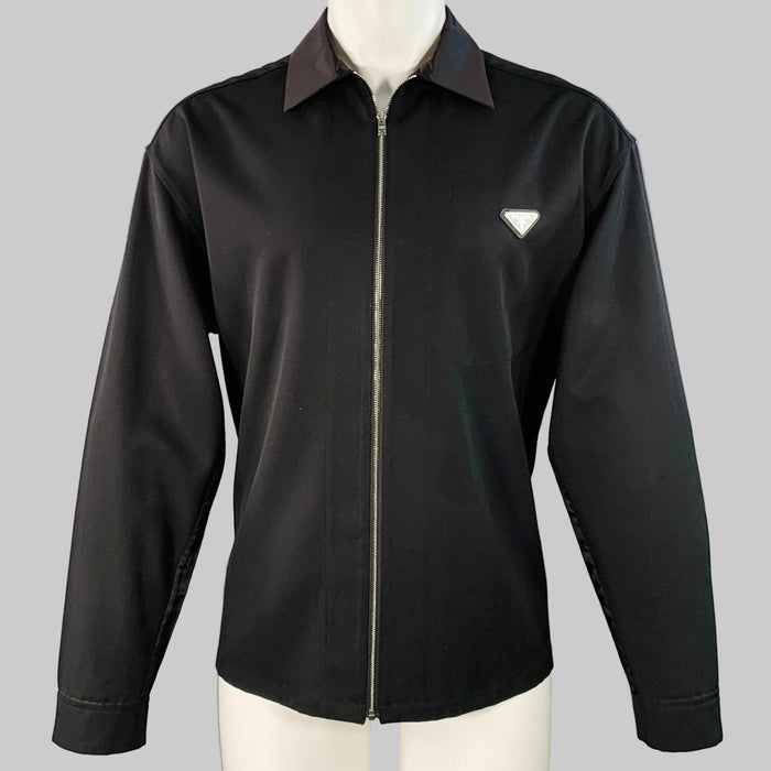 PRADA Size S Black Virgin Wool Twill Contrast Collar Zip Up Shirt Jacket