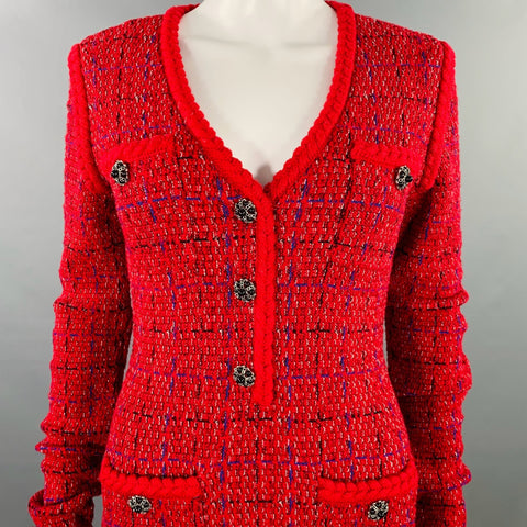 SELF-PORTRAIT AW22 Size S Red Blue Wool Blend Windowpane Cardigan Mini Dress