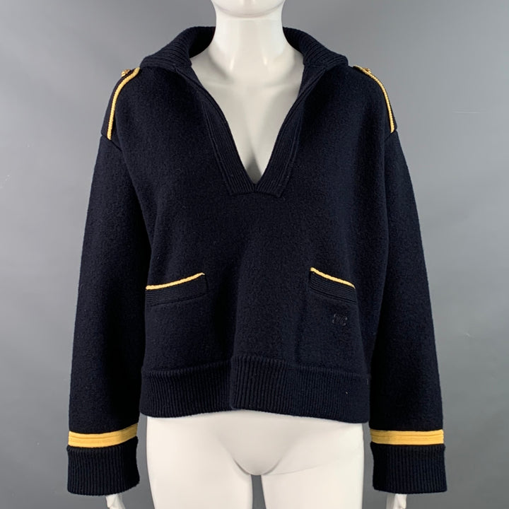 CELINE Size S Navy Gold Wool Contrast Trim Military Sweater