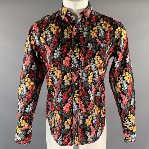 PAUL SMITH Size M Black Pink Floral Cotton Long Sleeve Shirt