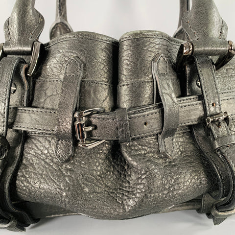 BURBERRY Black Gunmetal Leather Top Handles Handbag