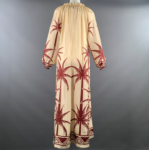 LA DOUBLEJ Size M Cream Burgundy Silk Palm Tree Maxi Long Dress