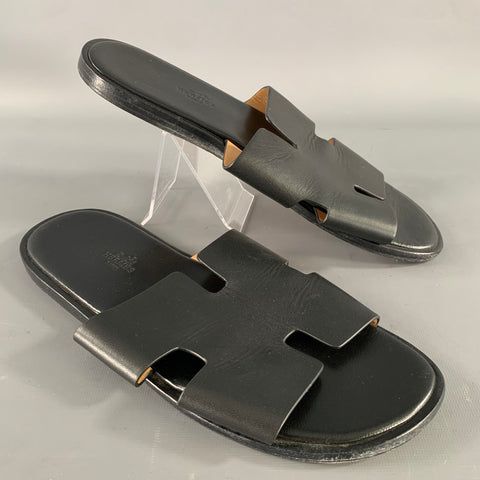 HERMES Size 11 Black Leather Slide Sandals