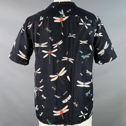 VALENTINO Size XL Black Multi Color Dragonflies Silk One Pocket Camp Short Sleeve Shirt