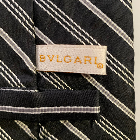 BVLGARI Black White Diagonal Stripe Silk Tie