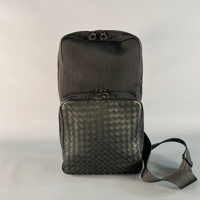 BOTTEGA VENETA Intrecchiato Black Woven Nylon Leather Crossbody Sling Bag
