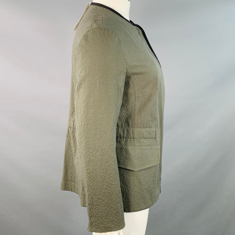 AKRIS Size 12 Black Olive Cotton Blend Seersucker Zip Snaps Collarless Jacket