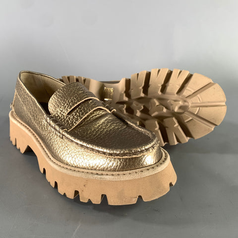 PEDRO GARCIA Size 8 Gold Tan Metallic Pebble Grain Loafer Flats