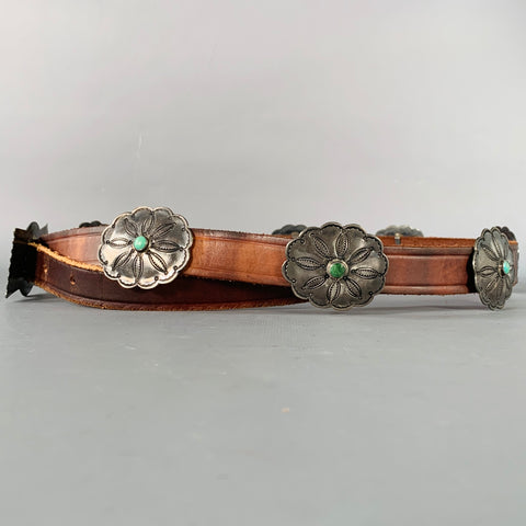 VINTAGE Size M Brown Silver Leather Metal Turquoise Concho Belt
