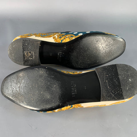 VERSACE Size 11 Green Gold Twill Baroque Slip On Loafers