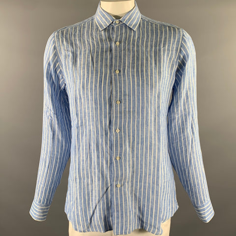 SAM MALOUF Size L Blue White Stripe Linen Pointed Collar Long Sleeve Shirt