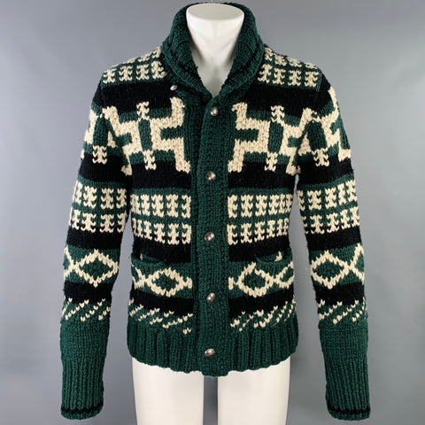 RRL by RALPH LAUREN Size M Green Cream Geometric Wool Blend Shawl Collar Sweater