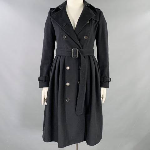 BURBERRY LONDON Size 10 Black Virgin Wool Cashmere A-Line Trench Coat