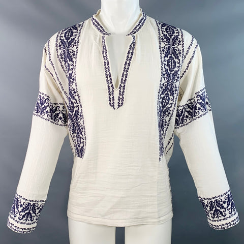 ISABEL MARANT Size M Piperi White Navy Embroidery Cotton V-Neck Pullover