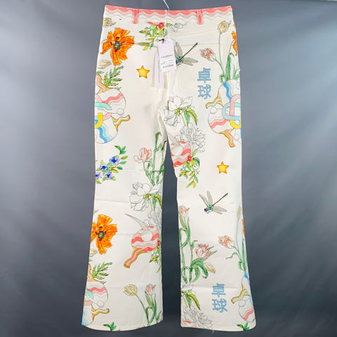 CASABLANCA Size 34 Ping Pong Fleurie White Multi Color Floral Cotton Flared Jean Cut Casual Pants