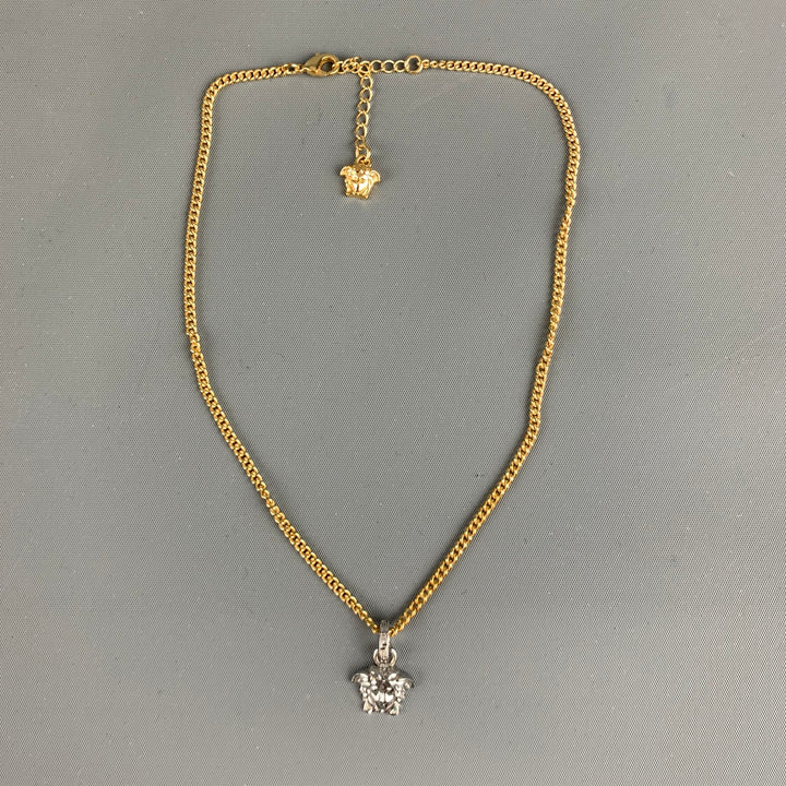VERSACE Silver Gold Medusa Heads Metal Pendant Chocker Necklace