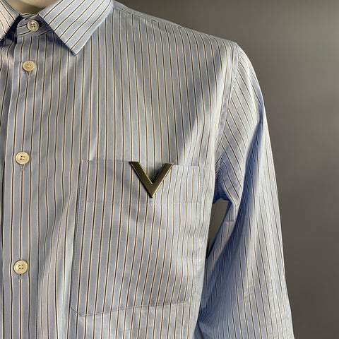 VALENTINO Size L Blue Black & White Stripe Cotton Button Up Long Sleeve Shirt