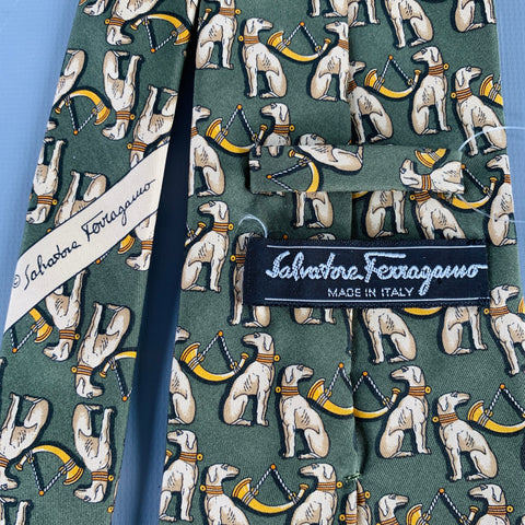 SALVATORE FERRAGAMO Green Beige Dogs Silk Tie