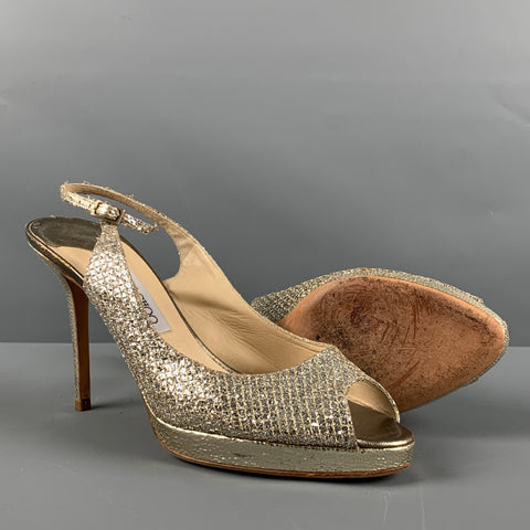 JIMMY CHOO Zapatos de tacón con tira trasera de cuero plateado talla 10