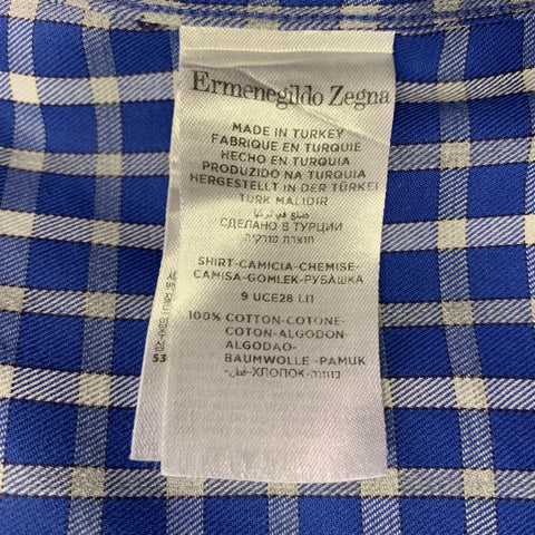 ERMENEGILDO ZEGNA Size L Blue White Checkered Cotton Long Sleeve Shirt