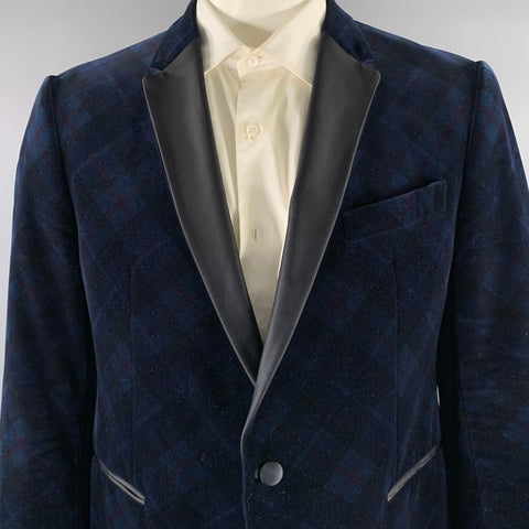 ARMANI COLLEZIONI Size 48 Navy Black Plaid Velvet Tuxedo Sport Coat
