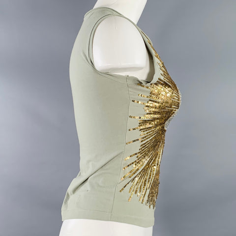 VINTAGE Size S Green Gold Cotton Blend Sequined Sleeveless Casual Top