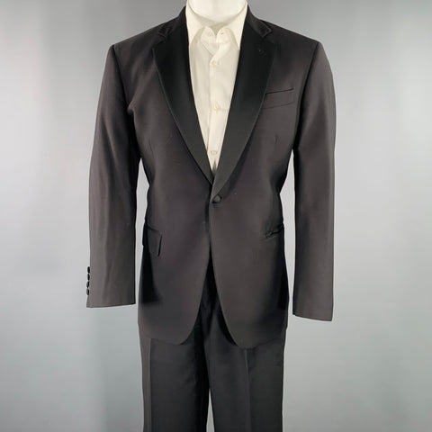 BROOKS BROTHERS Size 40 Black Wool Single Button Suspenders Tuxedo
