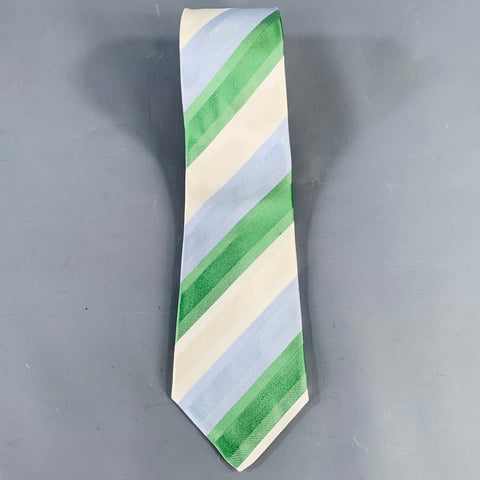 KITON Cream Blue Green Diagonal Stripe Silk Tie