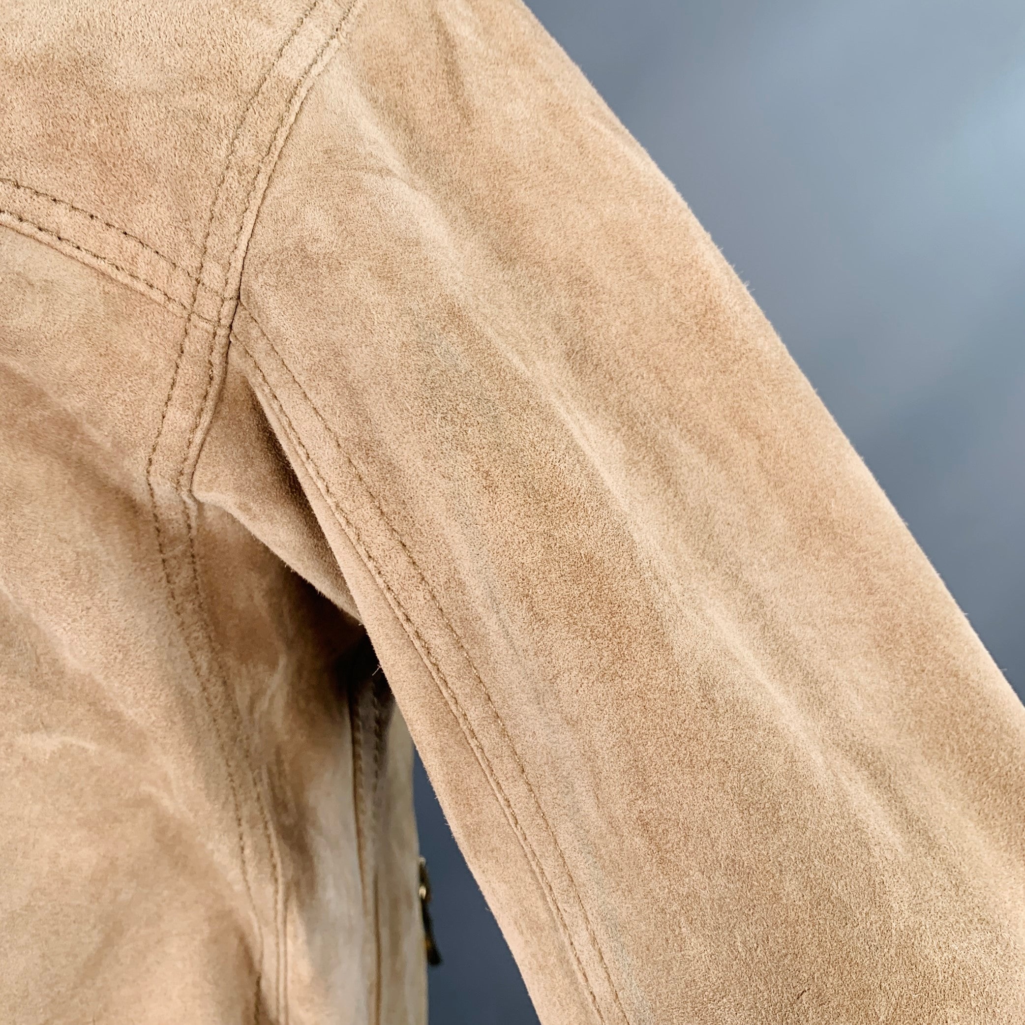 BALMAIN SS16 Size S Beige Calfskin Suede Hooded Asymmetrical Snaps