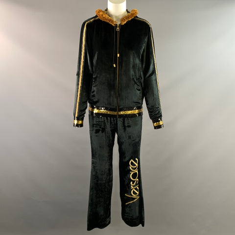 VERSACE Size 4 Black Gold Viscose & Silk Baroque Track Jacket Set