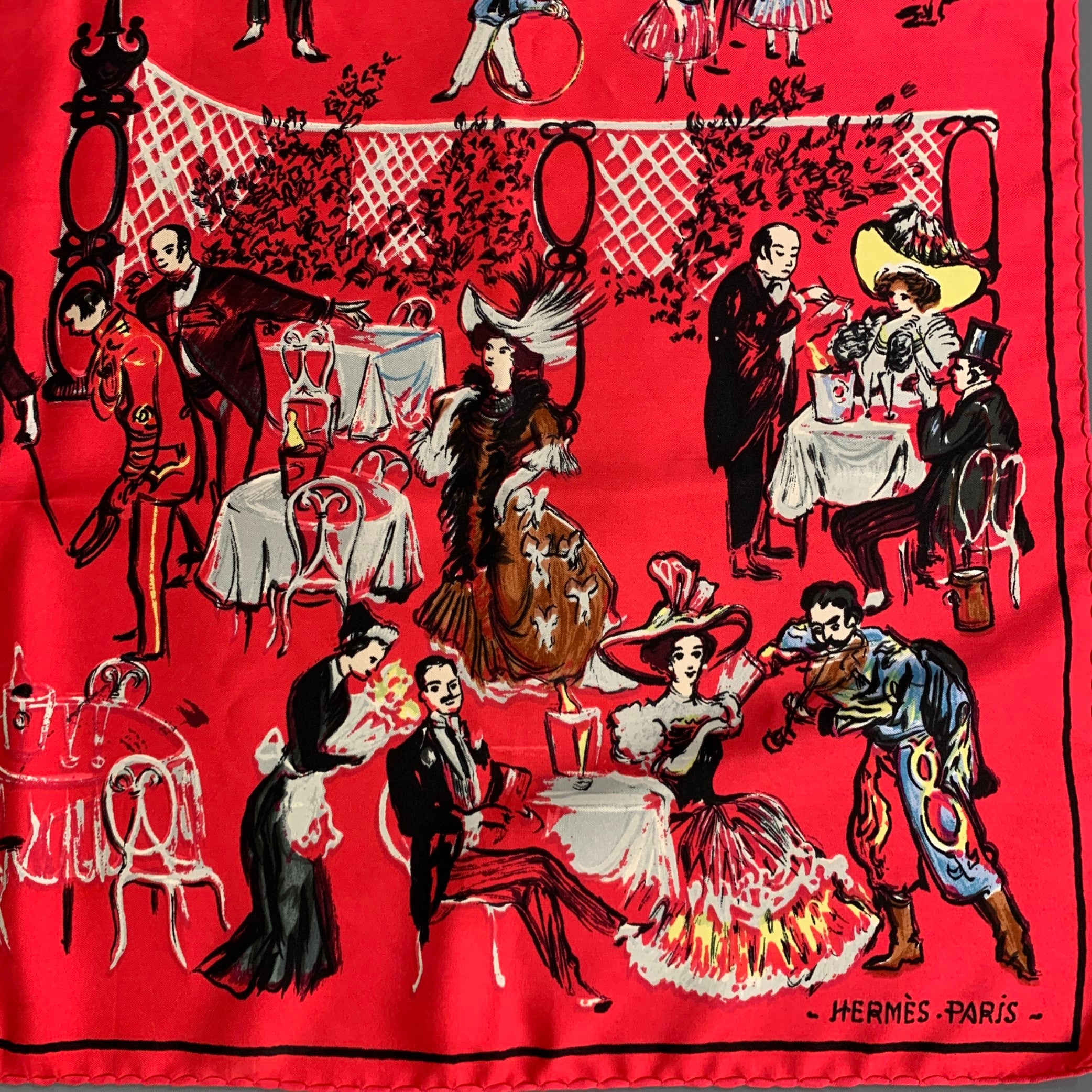 HERMES 1961 Jean-Louis Clerc -Armenonville- Red Black Figures Silk