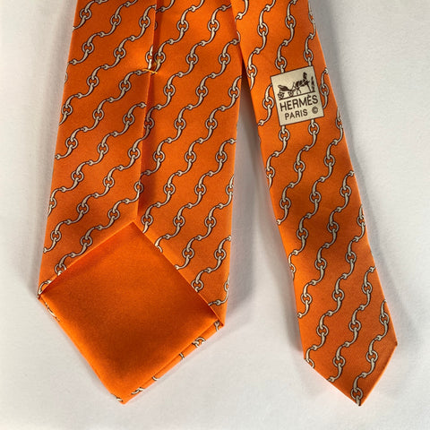 HERMES Orange White Chain Link Silk Tie