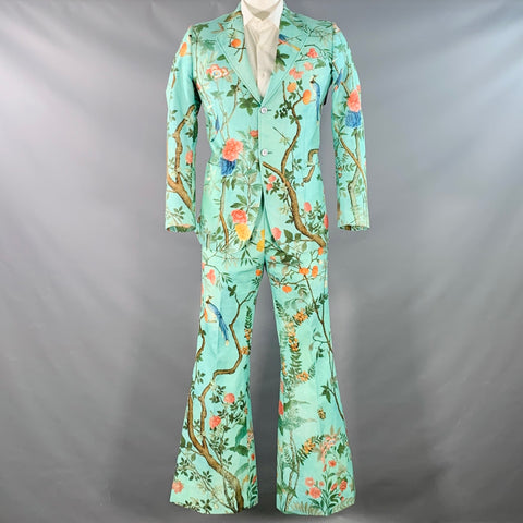 GUCCI SS16 Size 42 Green Multi Color Floral Cotton Slim Fit Notch Lapel Suit