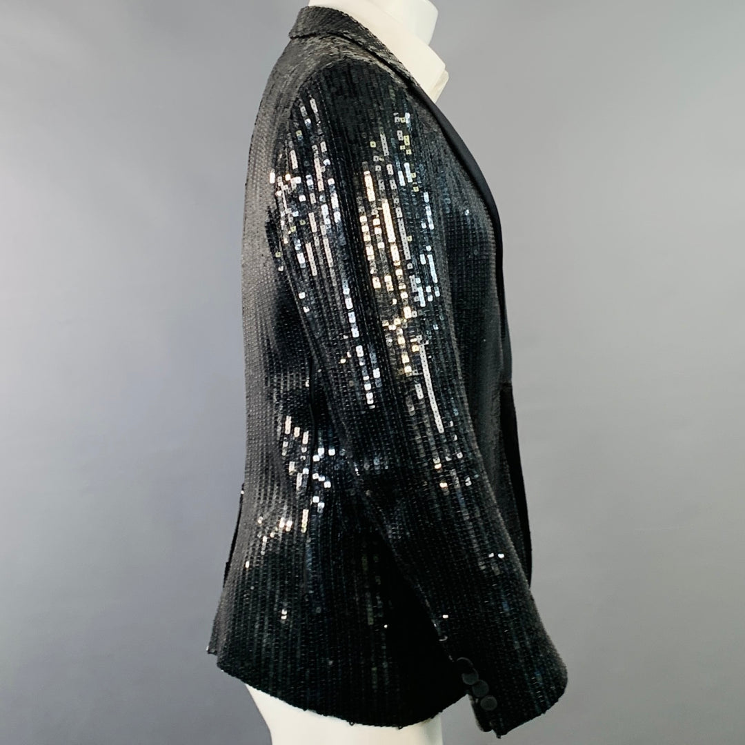 SAINT LAURENT Size 40 Black Polyester Blend Sequined Peak Lapel Sport Coat