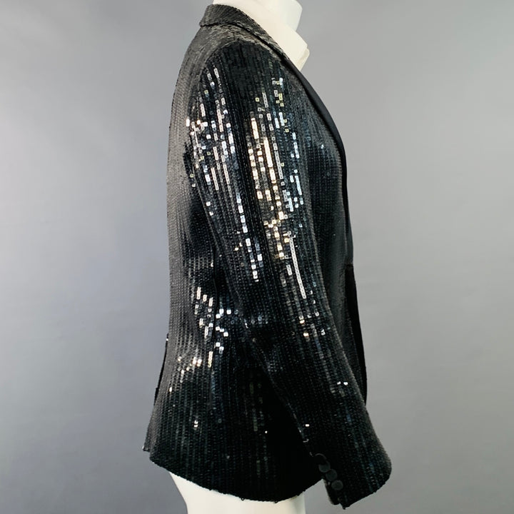 SAINT LAURENT Size 40 Black Polyester Blend Sequined Peak Lapel Sport Coat