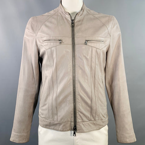 JOHN VARVATOS Size L Grey Leather Zip Up Moto Racer Jacket