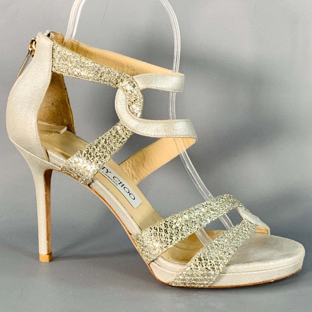 JIMMY CHOO Size 6.5 Grey Silver Glittery Leather Platform Stiletto Sandals