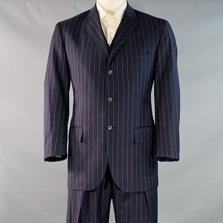POLO by RALPH LAUREN Size 42 Regular Navy Grey Pinstripe Virgin Wool 3 Piece Suit