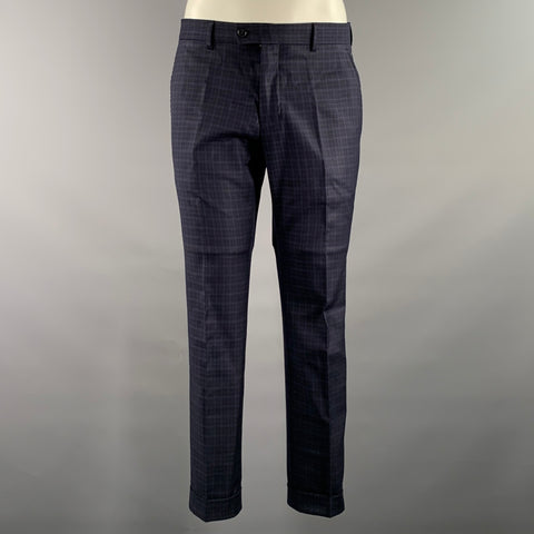 BOGGI Chest Size 36 Navy Blue Tartan Wool Notch Lapel 34 28 Suit