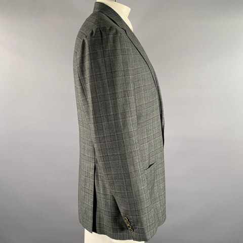 SANTORIO Chest Size 42 Grey Black Tartan Wool Notch Lapel Sport Coat