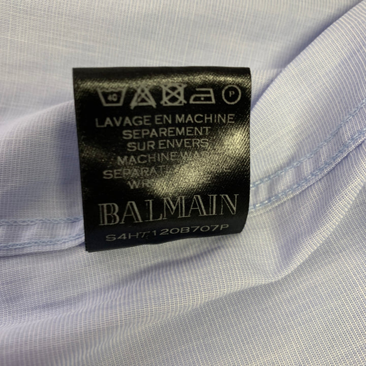 BALMAIN Size L Blue Light Blue Embroidery Cotton Long Sleeve Shirt