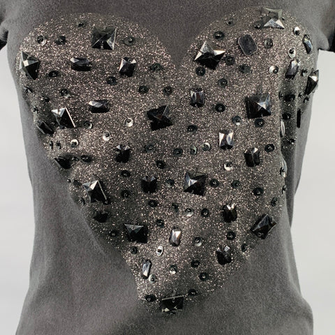 TERRANOVA Size M Black Cotton Beaded Glitter Heart T-Shirt