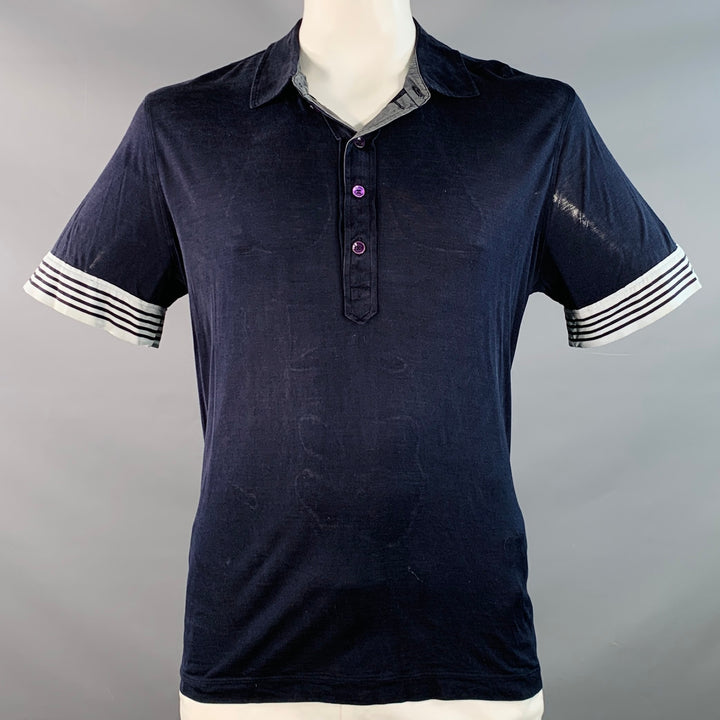 GIORGIO ARMANI Size L Navy Blue Contrast Trim Silk Blend Short Sleeve Polo