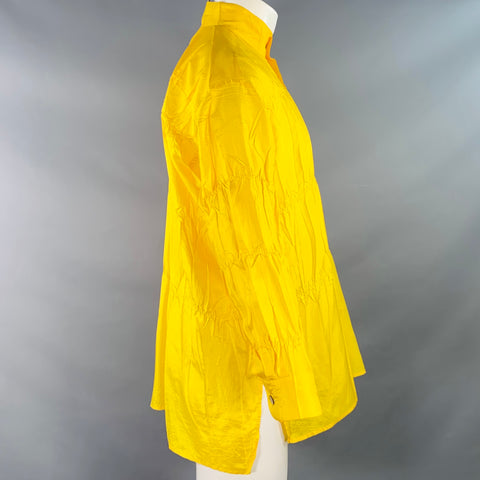ISSEY MIYAKE Size XS Yellow Wrinkled Polyester Nehru Collar Oversized Long Sleeve Shirt