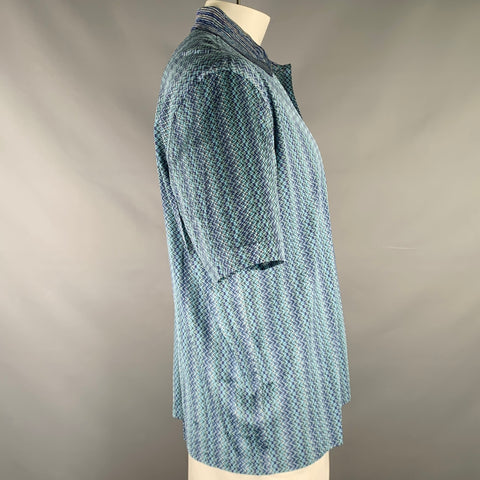 JHANE BARNES Size L Blue Green Zig Zag Silk Short Sleeve Polo