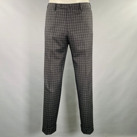 INCOTEX Size 34 Black Grey Plaid Wool Cuffed Dress Pants